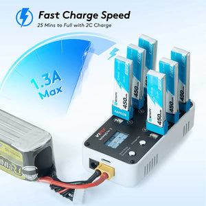 VIFLY WhoopStor 3 - 1S LiPo/LiHV 6 Channel DC/USB-C Battery Storage Charger Compatible w/BT2.0 and PH2.0 - Makerfire