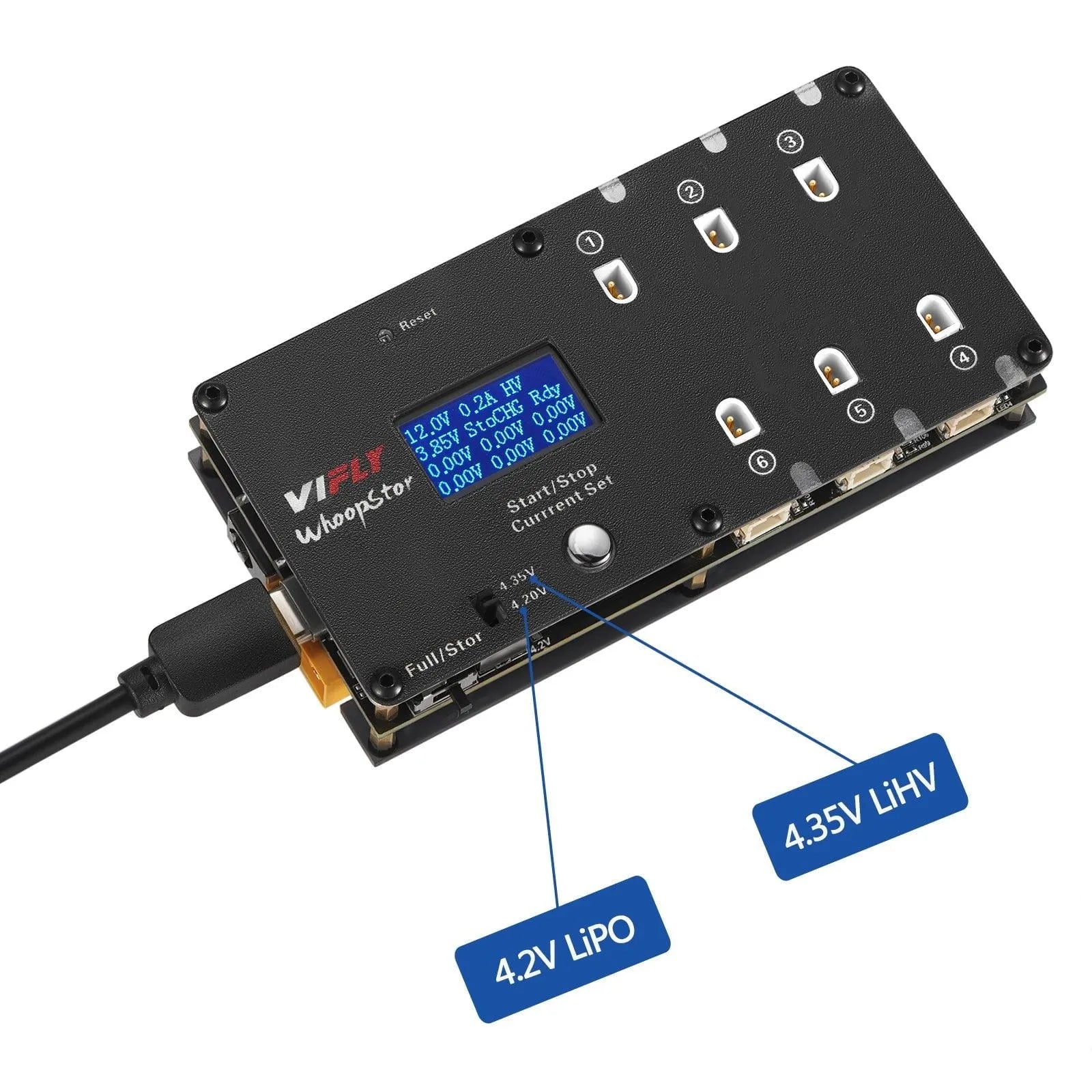 VIFLY Whoopstor V2 1S LiPo/LiHV 6 Channel DC/USB-C Battery Charger and Discharger Compatible w/BT2.0 And PH2.0 - Makerfire