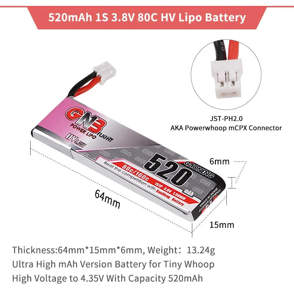 4pcs 520mAh 1S 3.8V LiPo Battery 80C HV LiHv Battery JST-PH 2.0 - Makerfire