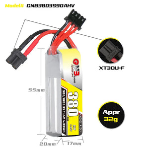 GAONENG GNB LiHV 3S 11.4V 380mAh 90C XT30 LiPo Battery (Pack of 2) - Makerfire