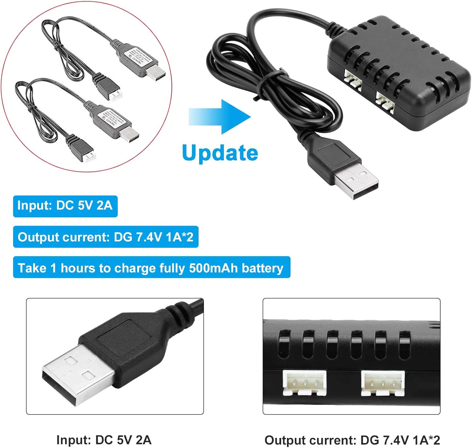 Crazepony 2-in-1 USB Balance Charger Cable 1A with XH-3P Connector Plug for 2S 7.4V LiPo Battery RC Car Boat Rock Crawler FPV Drone Quadcopter