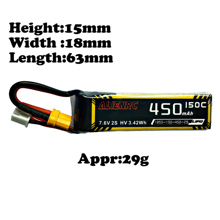 Alien 450mAh 2S 7.6V 150C Battery with XT30 Plug(Pack of 2)