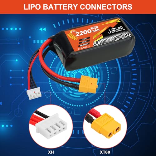 2Pcs 11.1V Lipo Battery 2200mAh 3S 50C Rechargeable Lithium Polymer Batteries with XH XT60 Connectors Compatible with Most RC Cars Airplane Helicopter Quadcopter FPV(2 Pack)