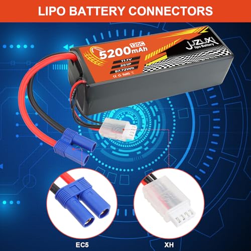 2Pcs 11.1V Lipo Battery 5200mAh 3S 120C Rechargeable Lithium Polymer Battery with XH & EC5 Connector Compatible with RC Car RC Boat Quadcopter Helicopter Airplane RC Models