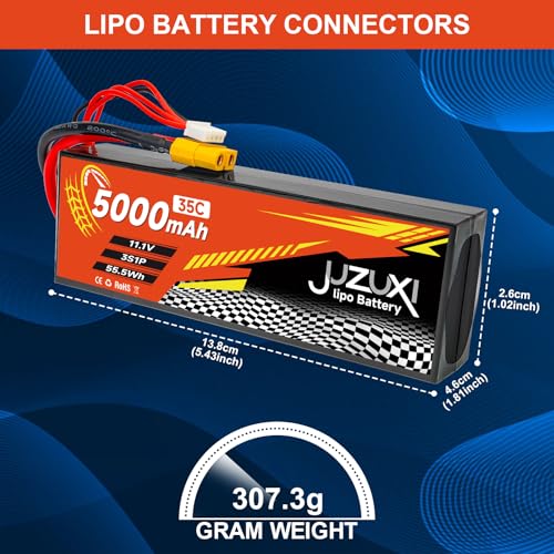 11.1V Lipo Battery 5000mAh 3S 35C Rechargeable Lithium Polymer Batteries with XH XT60 Connectors Compatible with Most 2WD 4WD RC Cars Truck Buggies