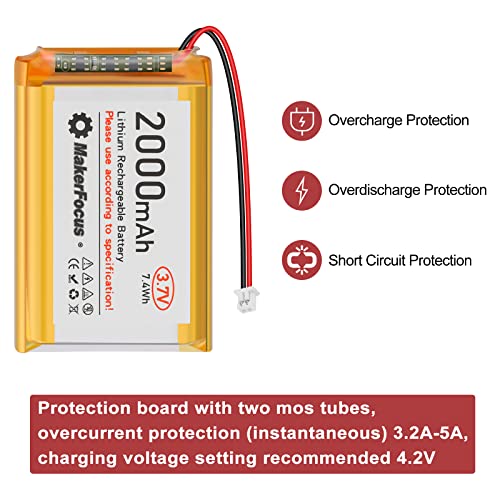 Lipo Battery 3.7V 2000mAh 1S 1C Rechargeable Lithium Battery with Protection Board, Rubber Insulation Tape and Micro JST 1.25 Plug for Arduino Node MCU ESP32 Development Board (4pcs)