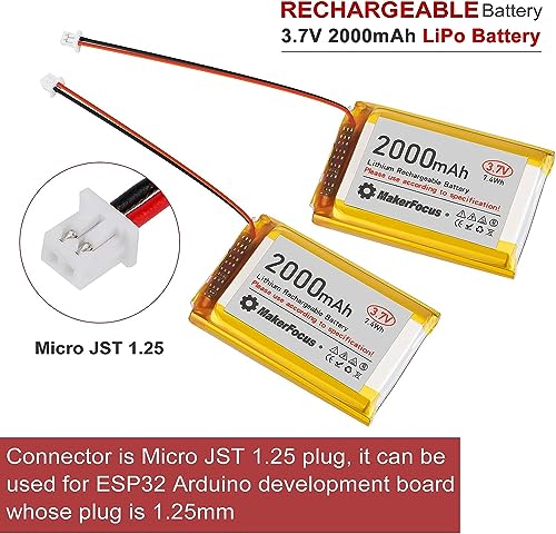 Lipo Battery 3.7V 2000mAh 1S 1C Rechargeable Lithium Battery with Protection Board, Rubber Insulation Tape and Micro JST 1.25 Plug for Arduino Node MCU ESP32 Development Board (4pcs)