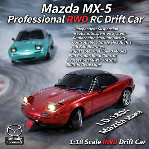 LDRC LD1804 1/18 Mazda MX-5 Miata NA RC Drift Car, RWD 2.4GHz with Gyro Stabilization & LED Pop-Up Headlights