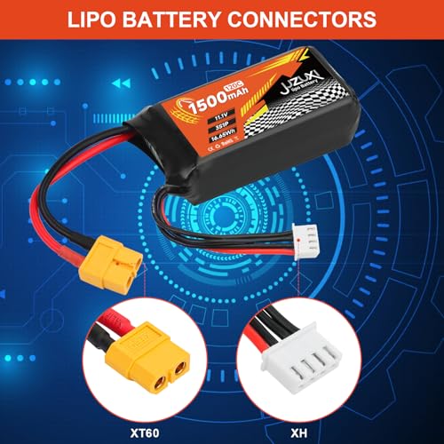 2Pcs 11.1V Lipo Battery 1500mAh 3S 120C Rechargeable Lithium Polymer Battery with XH & XT60 Connector Compatible with FPV Racing Drone RC Car RC Boat Quadcopter Helicopter Airplane RC Models