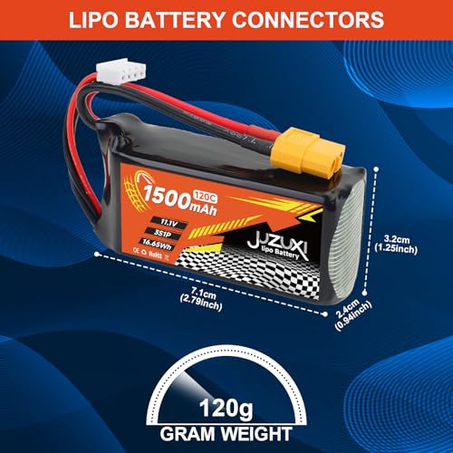 2Pcs 11.1V Lipo Battery 1500mAh 3S 120C Rechargeable Lithium Polymer Battery with XH & XT60 Connector Compatible with FPV Racing Drone RC Car RC Boat Quadcopter Helicopter Airplane RC Models