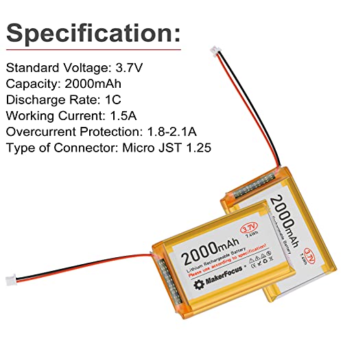 Lipo Battery 3.7V 2000mAh 1S 1C Rechargeable Lithium Battery with Protection Board, Rubber Insulation Tape and Micro JST 1.25 Plug for Arduino Node MCU ESP32 Development Board (4pcs)