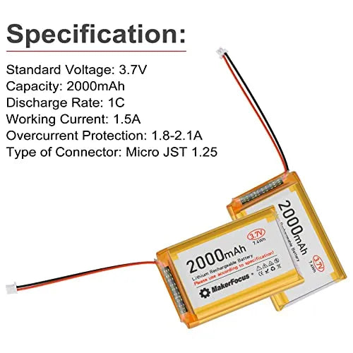 Batteria Lipo 3.7V 2000Mah 1S 1C Batteria di litio ricaricabile con scheda di protezione, nastro isolante in gomma e plug Micro JST 1.25 per Arduino Node MCU ESP32 Sviluppo di sviluppo (4PC)