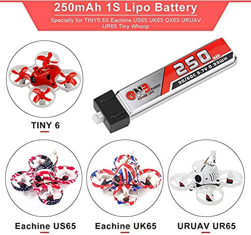 Crazepony 4pcs 250mAh 1S LiPo Battery 3.7V 30C Blade Inductrix Battery Micro JST 1.25 Connector for Kingkong Tiny 6 Tiny Whoop FPV Racing Drone