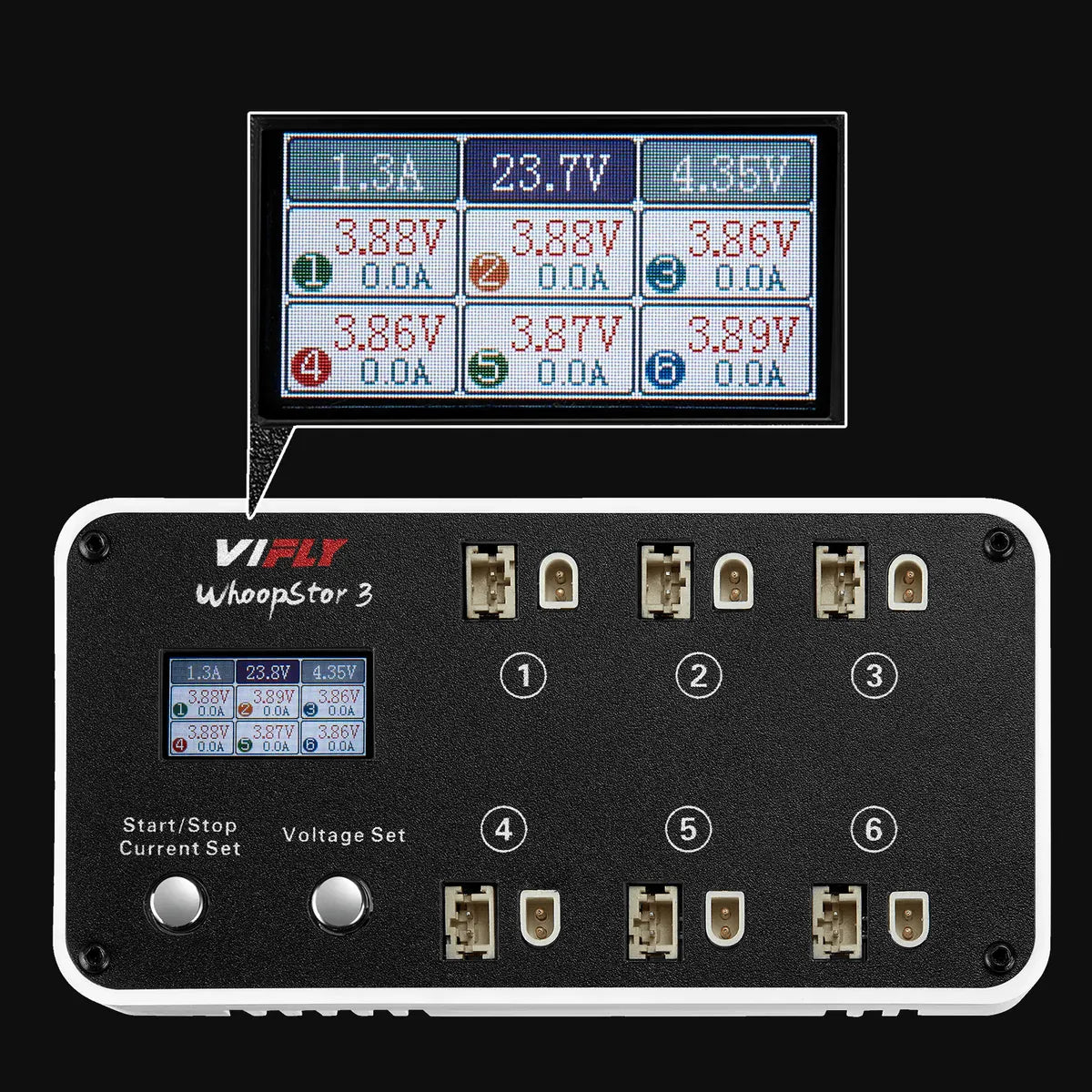 VIFLY WhoopStor 3 - 1S LiPo/LiHV 6 Channel DC/USB-C Battery Storage Charger Compatible w/BT2.0 and PH2.0 - Makerfire
