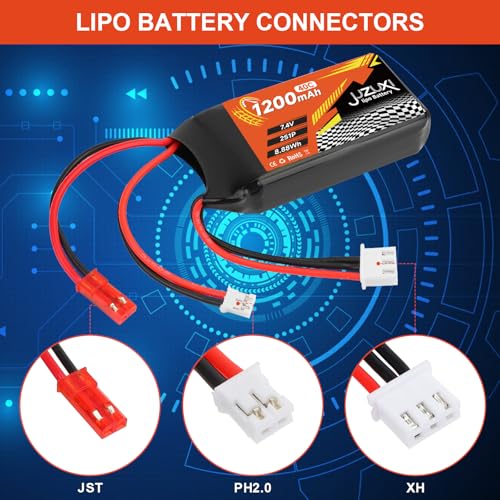 2Pcs 7.4V Lipo Battery 1200mAh 2S 40C Rechargeable Lithium Polymer Battery with XH & JST& PH2.0 Connector and Charger Compatible with FPV Racing Drone RC Car Boat Quadcopter Airplane RC Models