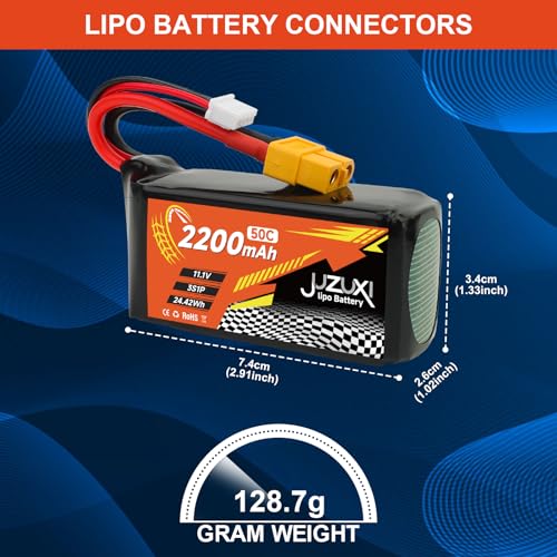 2Pcs 11.1V Lipo Battery 2200mAh 3S 50C Rechargeable Lithium Polymer Batteries with XH XT60 Connectors Compatible with Most RC Cars Airplane Helicopter Quadcopter FPV(2 Pack)