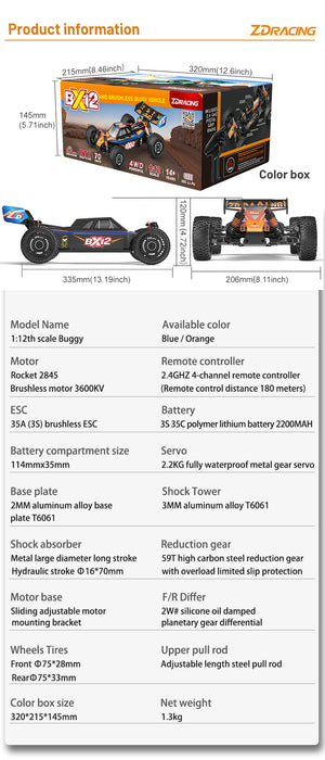 ZD Racing BX-12 RC Car 1/12 Scale 4WD 3S Brushless Motor 70km/h High Speed BX12 Racing Off-Road Truck 2.4G RTR Oil Filled Shocks