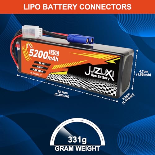 2Pcs 11.1V Lipo Battery 5200mAh 3S 120C Rechargeable Lithium Polymer Battery with XH & EC5 Connector Compatible with RC Car RC Boat Quadcopter Helicopter Airplane RC Models