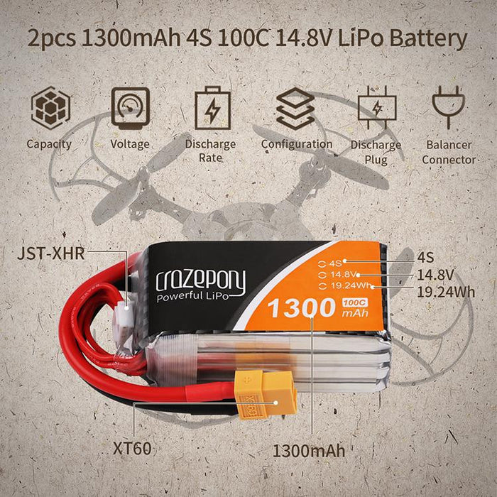 2pcs 1300mAh 4S 100C 14.8V Paquete de batería LiPo con enchufe XT60
