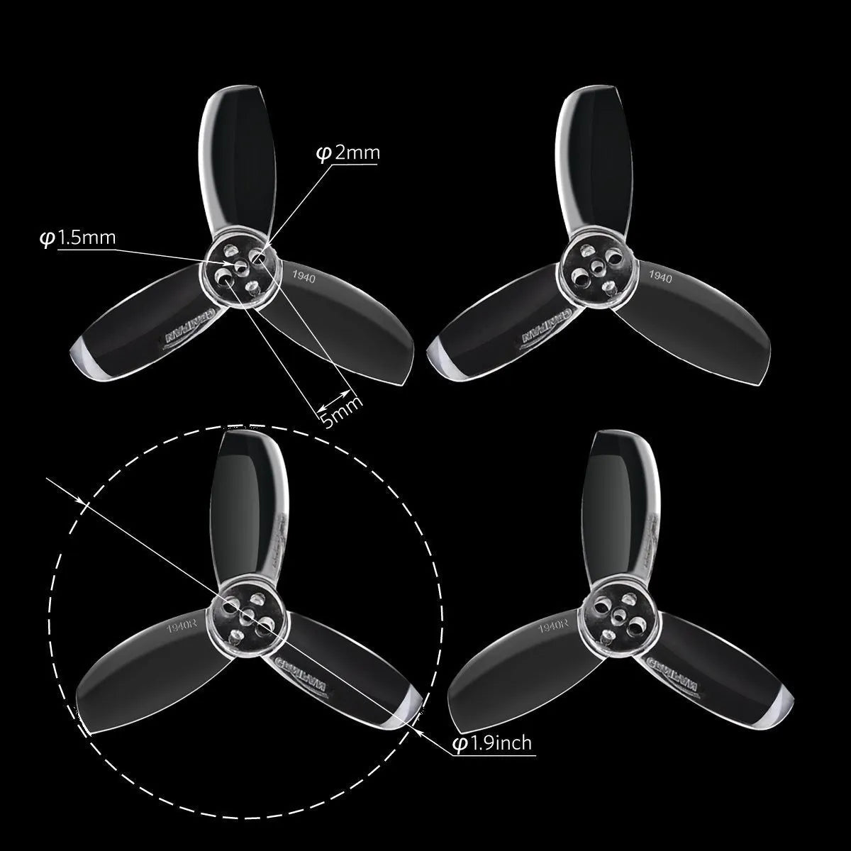 16pcs Gemfan 1940 3-Blade Propeller 1.9 Inch Triblade Prop - Makerfire