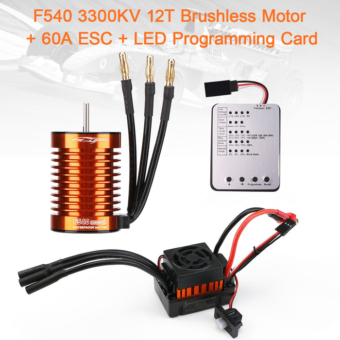 F540 3300KV Brushless Motor 4 Pole 12T 3.175mm Shaft with 60A ESC Electric Speed Controller for 1/10 RC Car