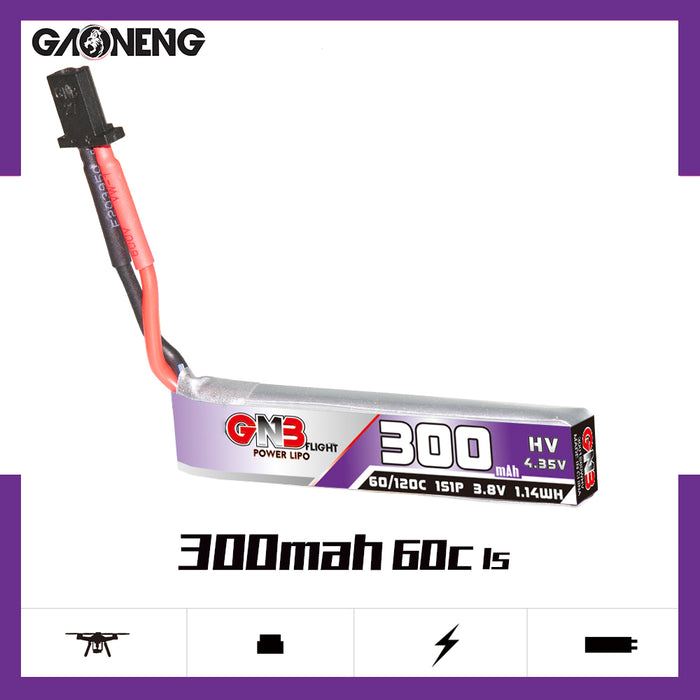 Batería Lipo Gaoneng GNB 1S 300Mah 3.8V 60C/120C HV con enchufe de descarga de alta corriente GNB27 (paquete de 4)