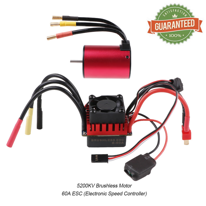 3650 5200KV 3.175mm Sensorless Brushless Motor with 60A Splashproof ESC (Electric Speed Controller) for 1/10 RC Off-Road Cars by RCRunning(Red)