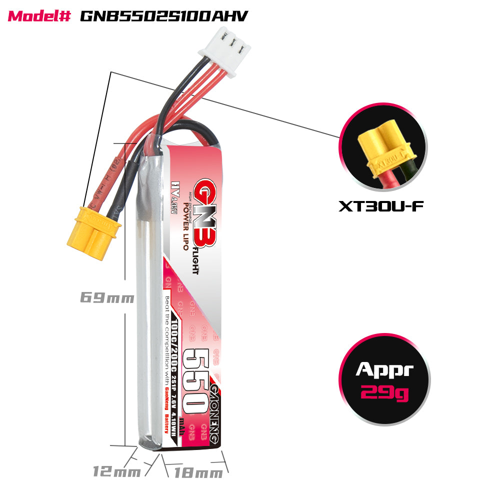 GAONENG/GNB 550mah 7.6V 2S 100C HV Lipo Battery XT30 Plug(Pack of 2) - Makerfire