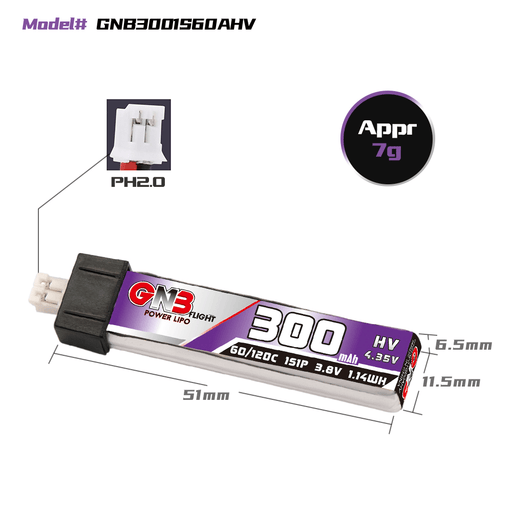 GNB/GAONENG 300mAh 1S 3.8V HV 60C Battery with Head Cover PH2.0 Connector(Pack of 6) - Makerfire