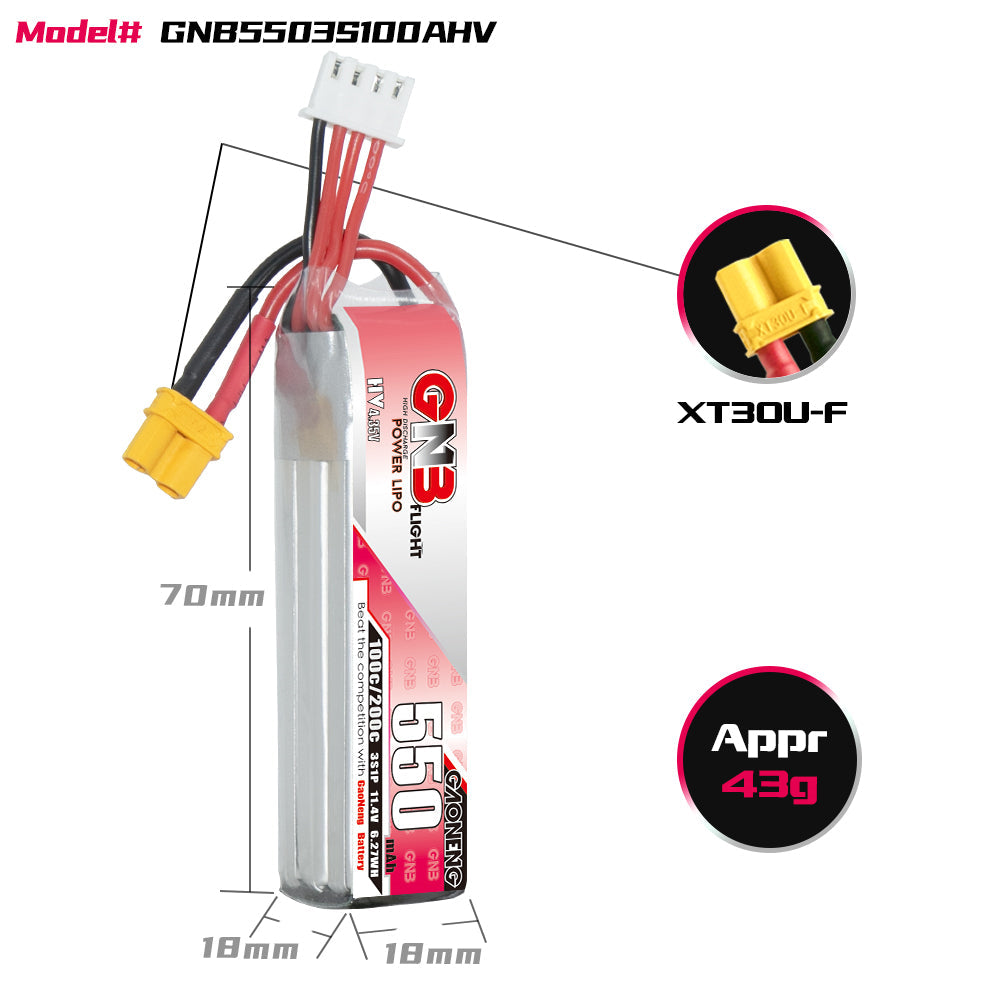 GAONENG/GNB 550mah 11.4V 3S 100C HV Lipo Battery XT30 Plug(Pack of 2) - Makerfire