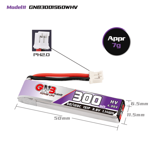 GNB/GAONENG 300mAh 1S 3.8V HV 60C Cabled Lipo Battery with outline PH2.0 Connector(pack of 6) - Makerfire