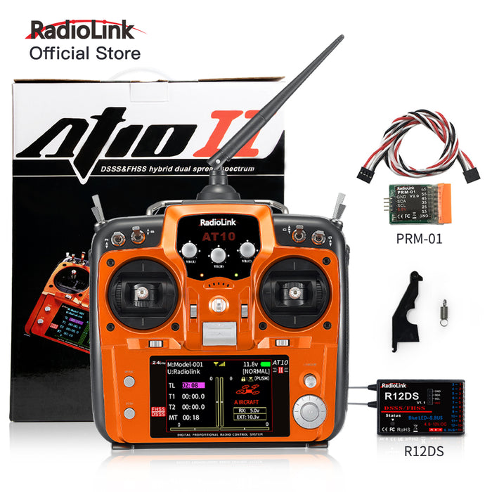 Radiolink AT10II 2.4Ghz 12CH RC Transmisor y receptor R12DS AT10 II PRM-01 Retorno de voltaje para RC Drone Quadcopter de ala fija (Modo 2 Acelerador izquierdo)