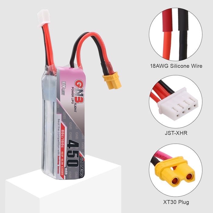 2PCS GNB 450mAh 3S HV 11.4V/4S HV 15.2V Lipo Battery 80C/160C XT30 Plug for Beta85X FPV Racing Drone - Makerfire
