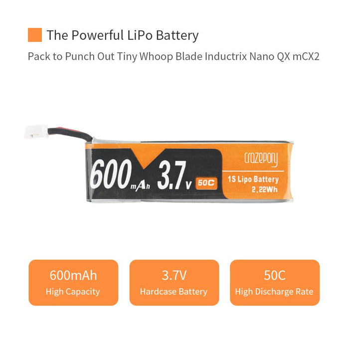 Crazepony 4pcs 600mAh 1S 3.7V LiPo Battery 50C JST-PH 2.0