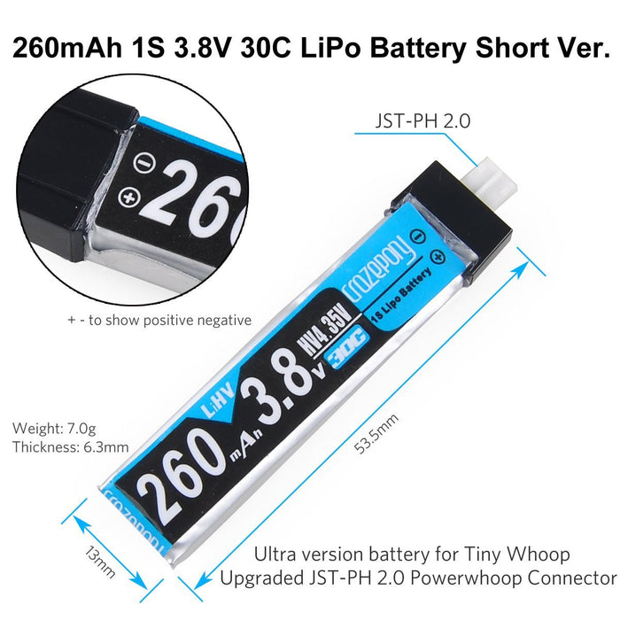 Crazepony 4pcs 260mAh HV LiPo Batería 30C 3.8V para Tiny Whoop JST-PH 2.0 Conector Powerwhoop