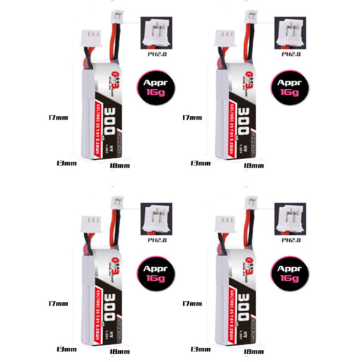 4PCS Gaoneng 300mAh 2S LiPo 50C 7.6V HV 2S LiHv Battery with JST-PH 2.0 Powerwhoop Connector 