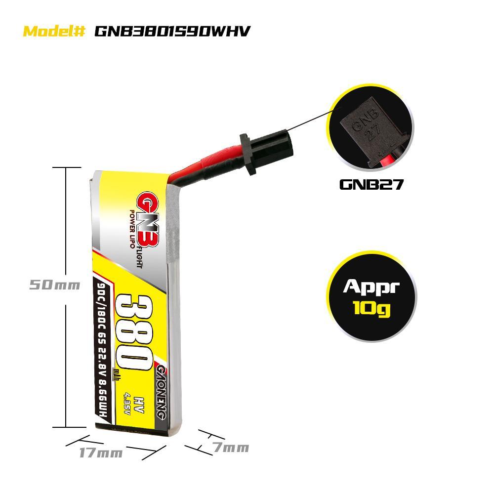 GNB/GAONENG 380mAh 1S 3.8V HV 90C Cabled Lipo Battery with GNB27 Connector(pack of 6) - Makerfire