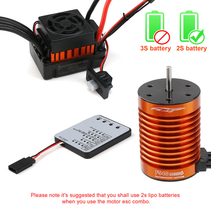 F540 3300KV Brushless Motor 4 Pole 12T 3.175mm Shaft with 60A ESC Electric Speed Controller for 1/10 RC Car