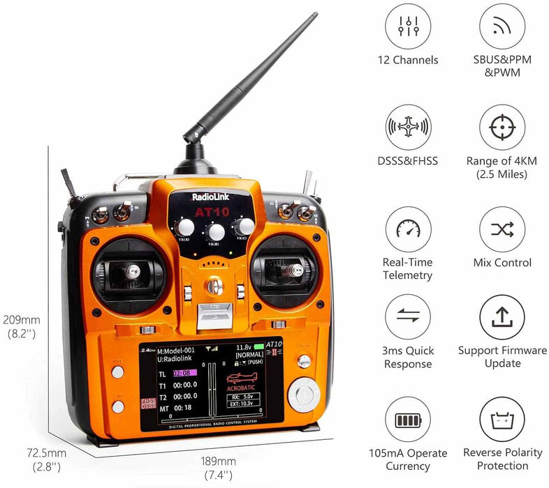 Radiolink AT10II 2.4Ghz 12CH RC Transmisor y receptor R12DS AT10 II PRM-01 Retorno de voltaje para RC Drone Quadcopter de ala fija (Modo 2 Acelerador izquierdo)