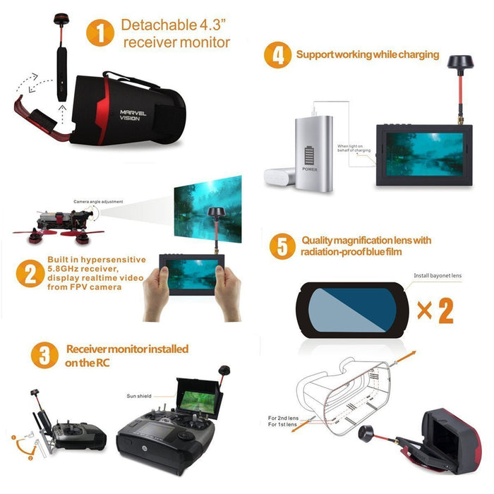 FXT 5.8GHz FPV Goggles 32CH Raceband Detachabel Monitor receptor de 4.3 pulgadas para carreras de drones