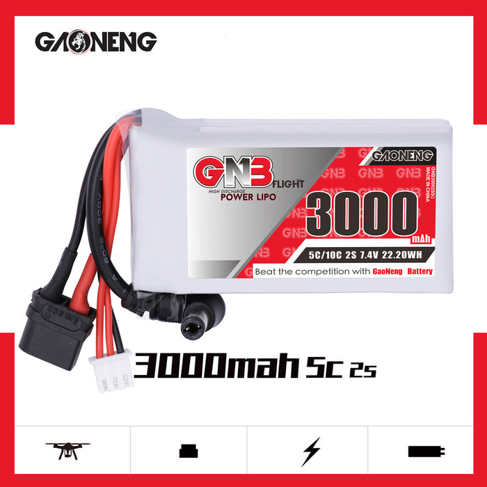 GAONENG 3000mAh 2S LiPo Battery 7.4V 5C with XT60 Plug DC 5.5*2.1mm for Fat Shark Glasses HD Goggles