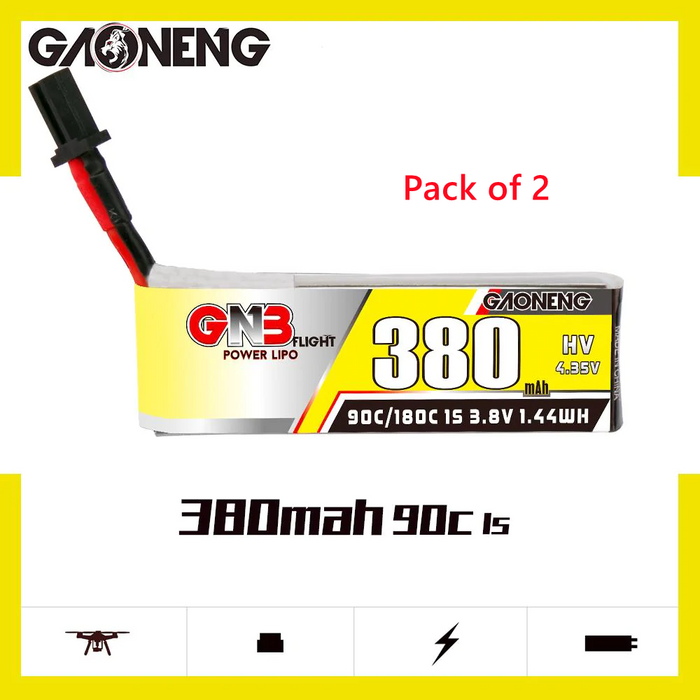 Batería Lipo con cable GNB/GAONENG 380mAh 1S 3.8V HV 90C con conector GNB27 (paquete de 6)