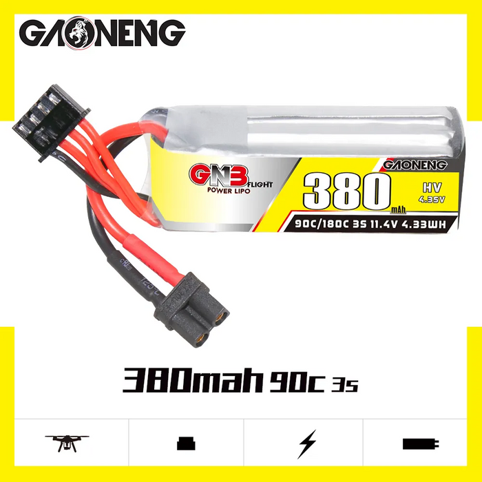 GAONENG GNB LiHV 3S 11.4V 380mAh 90C XT30 LiPo Battery (Pack of 2)