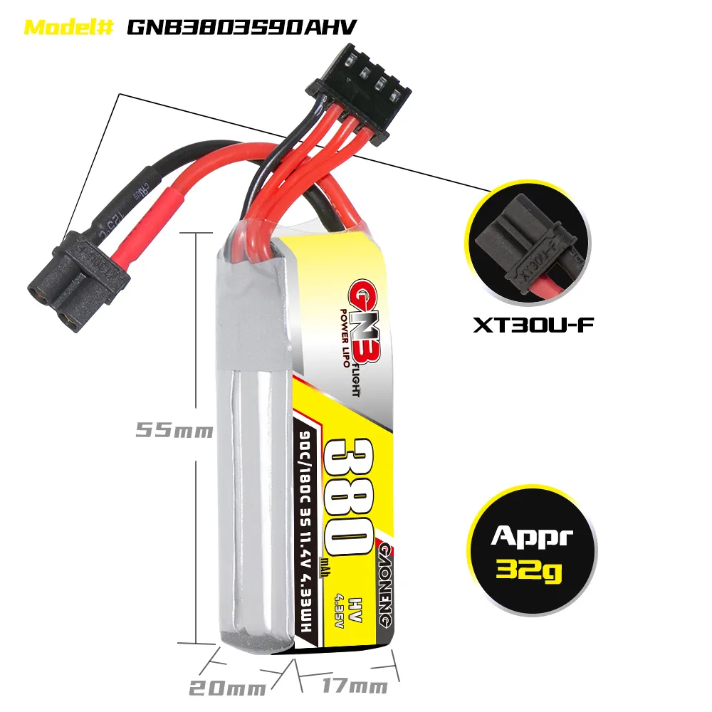 GAONENG GNB LiHV 3S 11.4V 380mAh 90C XT30 LiPo Battery (Pack of 2) - Makerfire