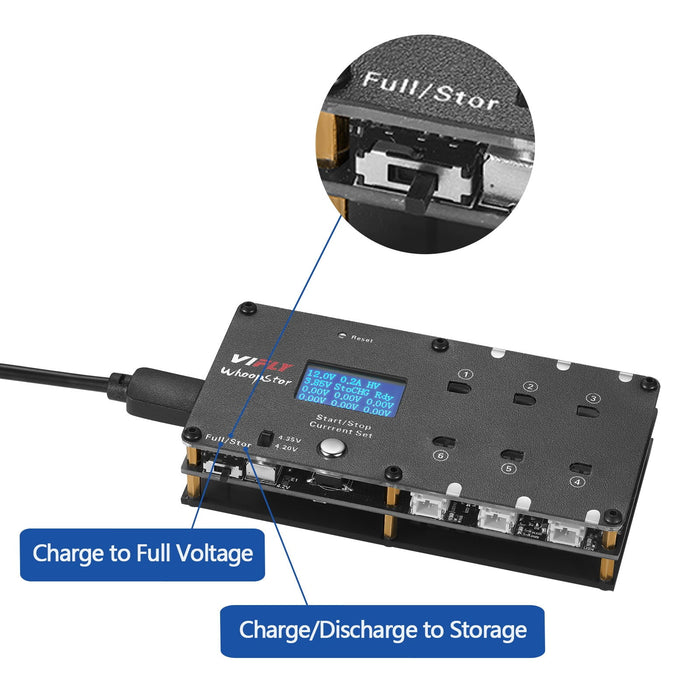 VIFLY Whoopstor V2 1S LiPo/LiHV 6 Channel DC/USB-C Battery Charger and Discharger Compatible w/BT2.0 And PH2.0