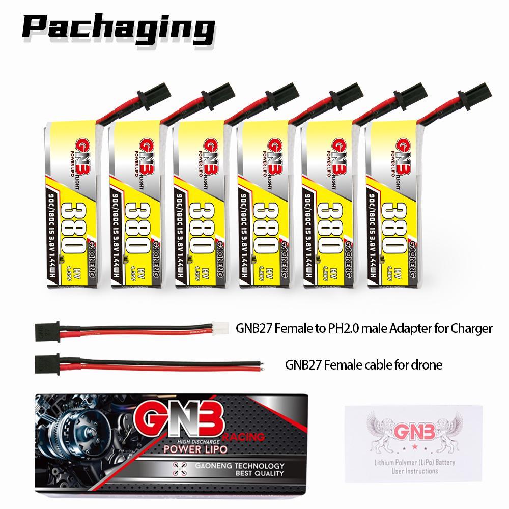 GNB/GAONENG 380mAh 1S 3.8V HV 90C Cabled Lipo Battery with GNB27 Connector(pack of 6) - Makerfire