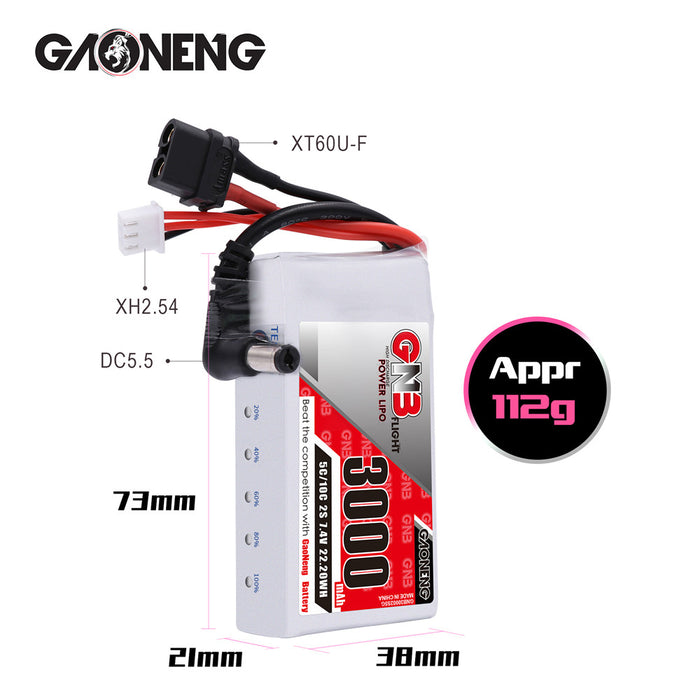 GAONENG 3000mAh 2S LiPo Battery 7.4V 5C with XT60 Plug DC 5.5*2.1mm for Fat Shark Glasses HD Goggles - Makerfire