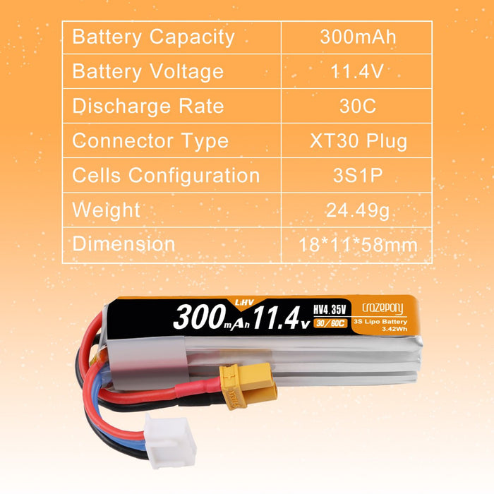 Crazepony 4pcs 300mAh 3S LiPo Battery Pack 30C 11.4V with XT30 Plug RC Battery