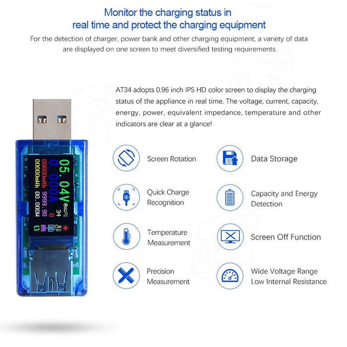 USB 3.0 Multimeter 3.7-30V 0-4A USB Digital Current and Voltage Tester Meter with Color Display