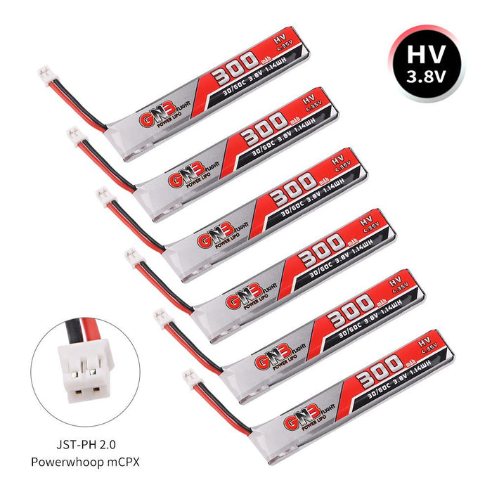 GNB 300mAh HV 1S Lipo Battery FPV Battery 30C 3.8V with JST-PH 2.0 Powerwhoop Connector (Pack of 6)